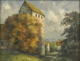 Paul Ehrhardt, (1888, Magdeburg - 1981, Lippstadt), "Dörflicher Weg mit Burgturm", Öl/Lwd.