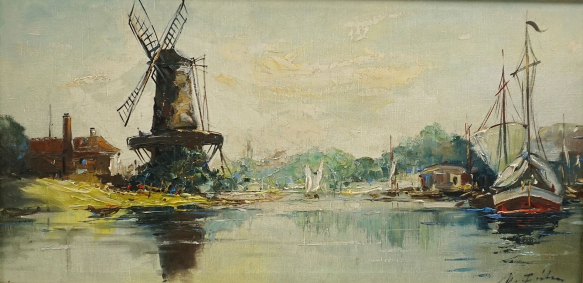 Manfred Feiler (1925, Plauen - 2020, ebd.), "Hafen mit Mühle", Öl/Lwd.