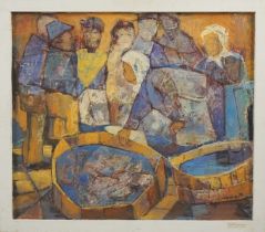 Rolf Albrecht (1920 - 1995, Magdeburg), "Fischmarkt", 1989, Öl/Hf.