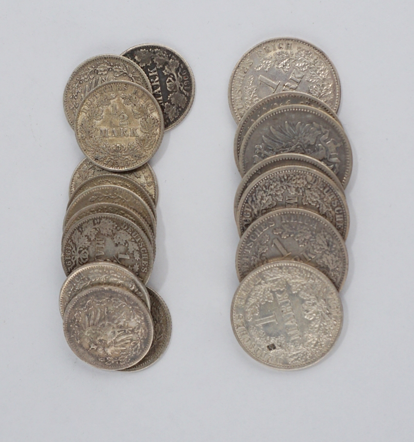 7x 1 Mark, und 13x 1/2 Mark, aus der Zeit 1875 - 1918, Silber, Gesamt-Gew.74,46g, ss-s