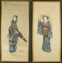 4 japanische Seidenmalereien mit Geisha-Motiven, Meiji, spätes 19.Jh.