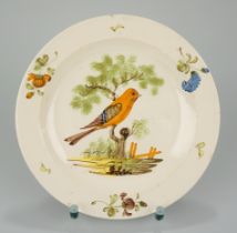 Teller mit orange-braunem Vogel-Motiv, Steingut, Guischard Magdeburg, 2. Hälfte 18.Jh.