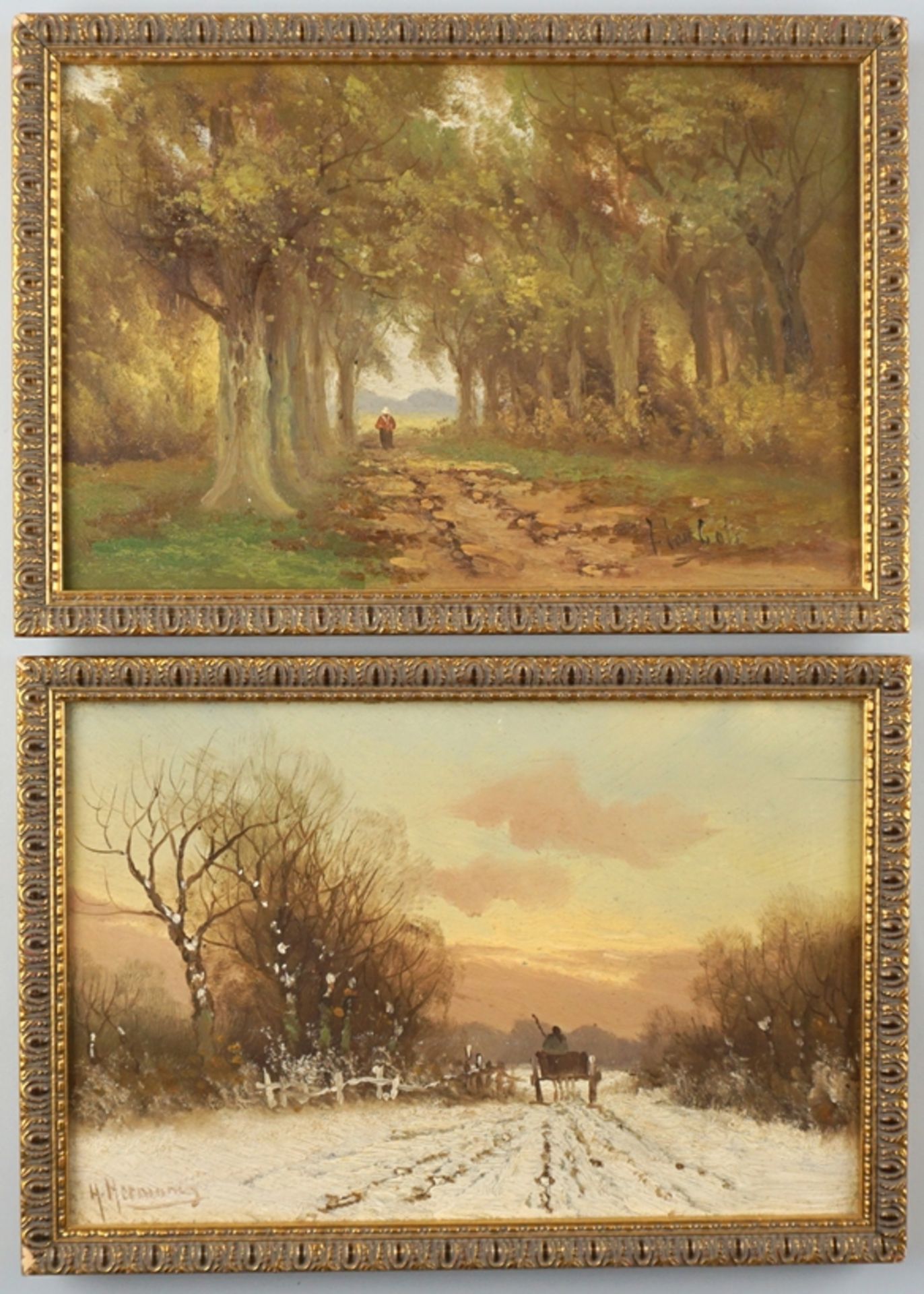 2 kleine Gemälde mit Sommer- und Winterlandschaft, 2.Hälfte 20.Jh.