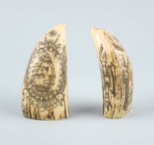 2 Scrimshaw-Schnitzereien "Whaler Lion 1827", "The Dakota", Nachbildungen 20. Jh.