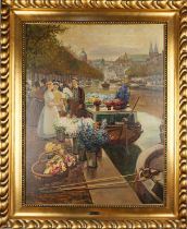 Carl Fey (1867-1939, Düsseldorf), "Blumenmarkt in Amsterdam", Öl/Lwd.