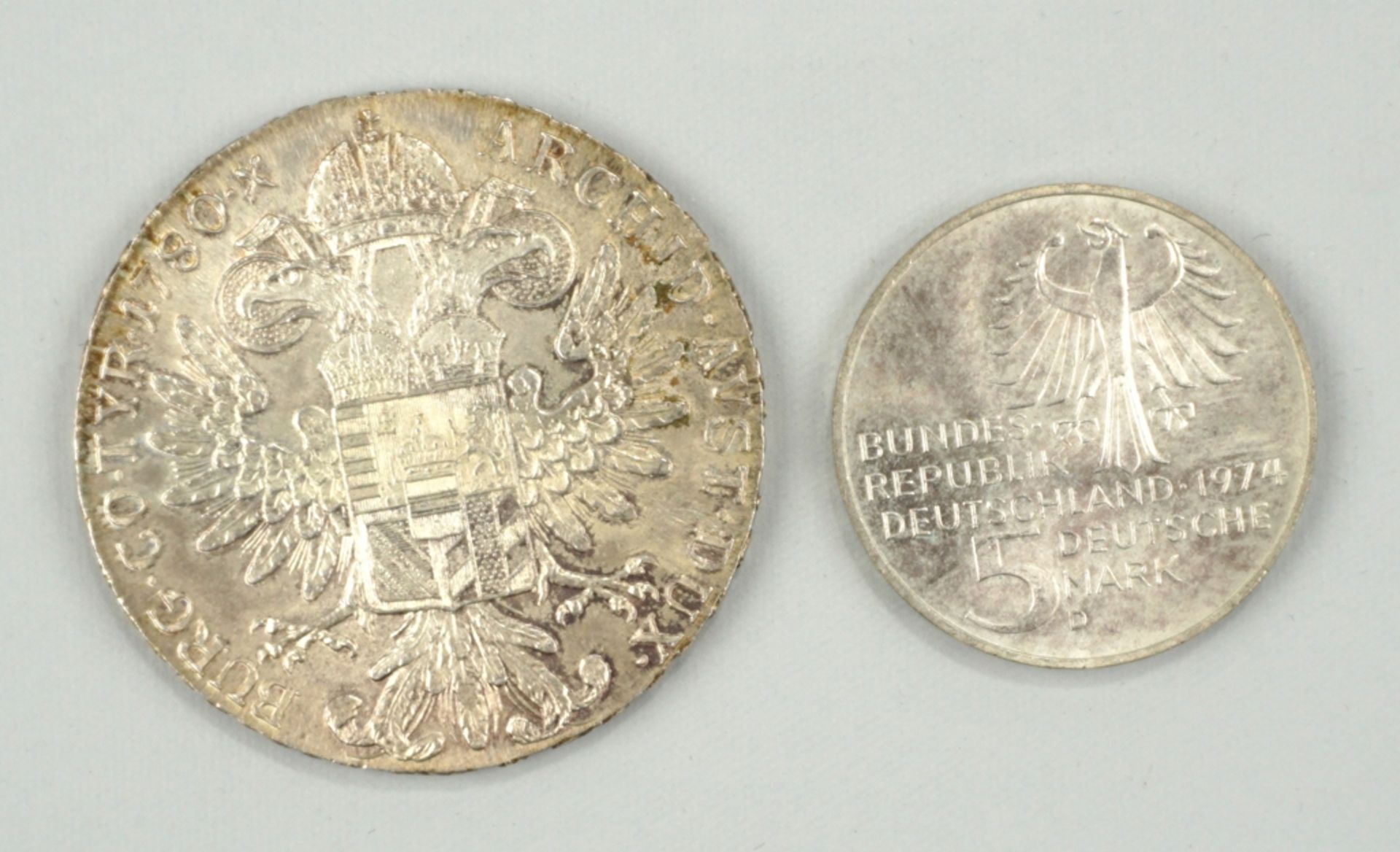 5 Mark 1974 Emanuel Kant, 625er Silber und Maria Theresientaler 1780, Nachprägung, 835er Silber - Bild 2 aus 2