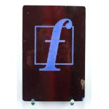 Reklame-Glasbild "F", ähnlich dem Logo der Zigarettenmarke F6