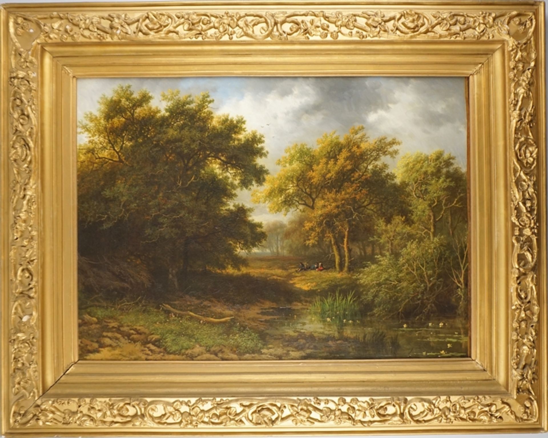 Willem Bodeman (*1806 Amsterdam - 1880 in Bussum) "Waldlandschaft mit Weiher und Rastenden", datier