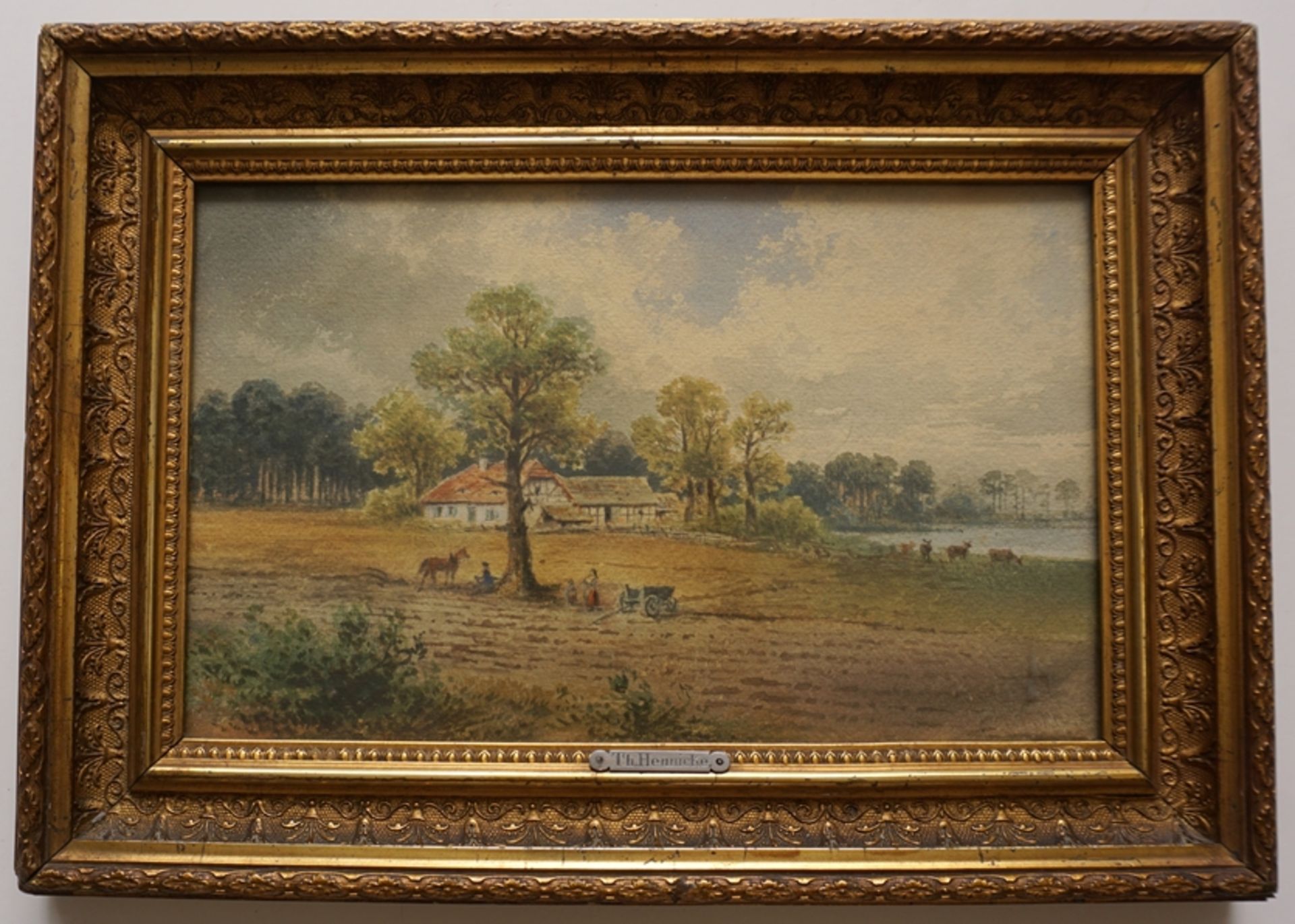 Theodor Hennicke, "Landschaft mit Bauerngehöft am Ufer", 19. Jh., Aquarell