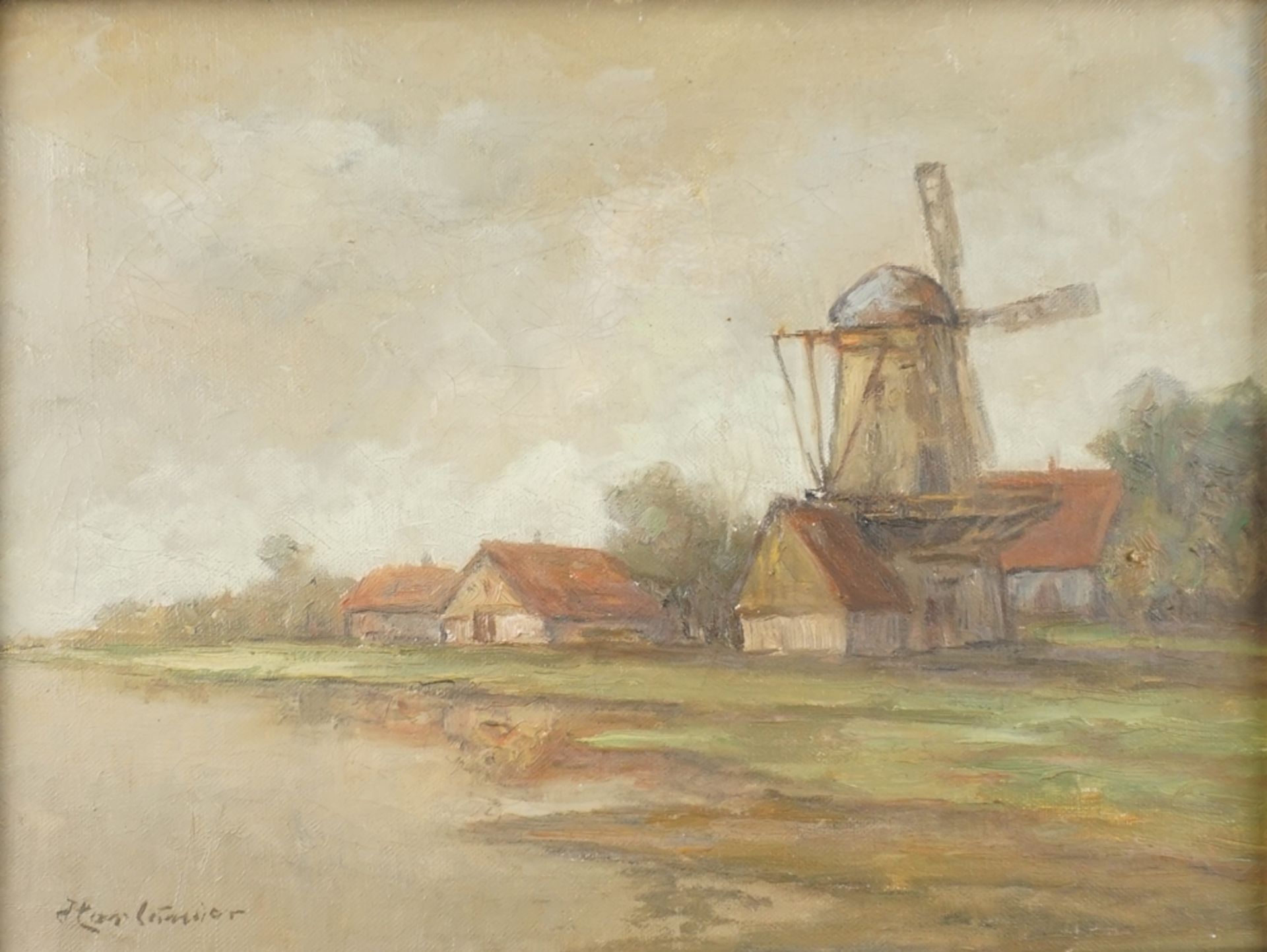 Hans Harländer (Hamburg 1880 - Arnstadt 1943) "Uferlandschaft mit Mühle", 1.Hälfte 20.Jh.