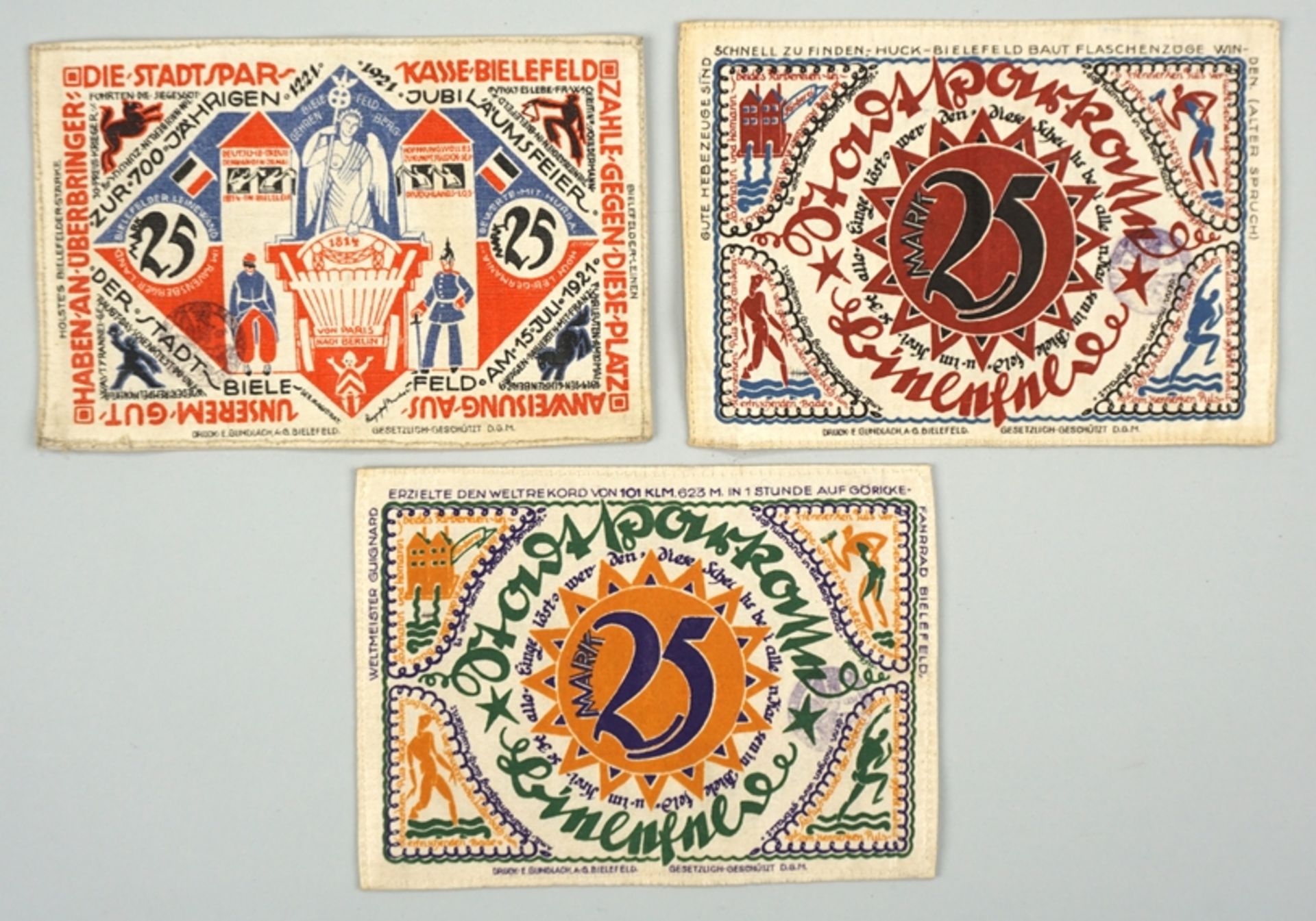 3x Notgeld der besonderen Art, Seidenbanknoten, Bielefeld 1921 und 1922