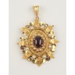 großer Anhänger, Biedermeier mit Granat-Cabochon und 8 Saatperlen, 585er Gold