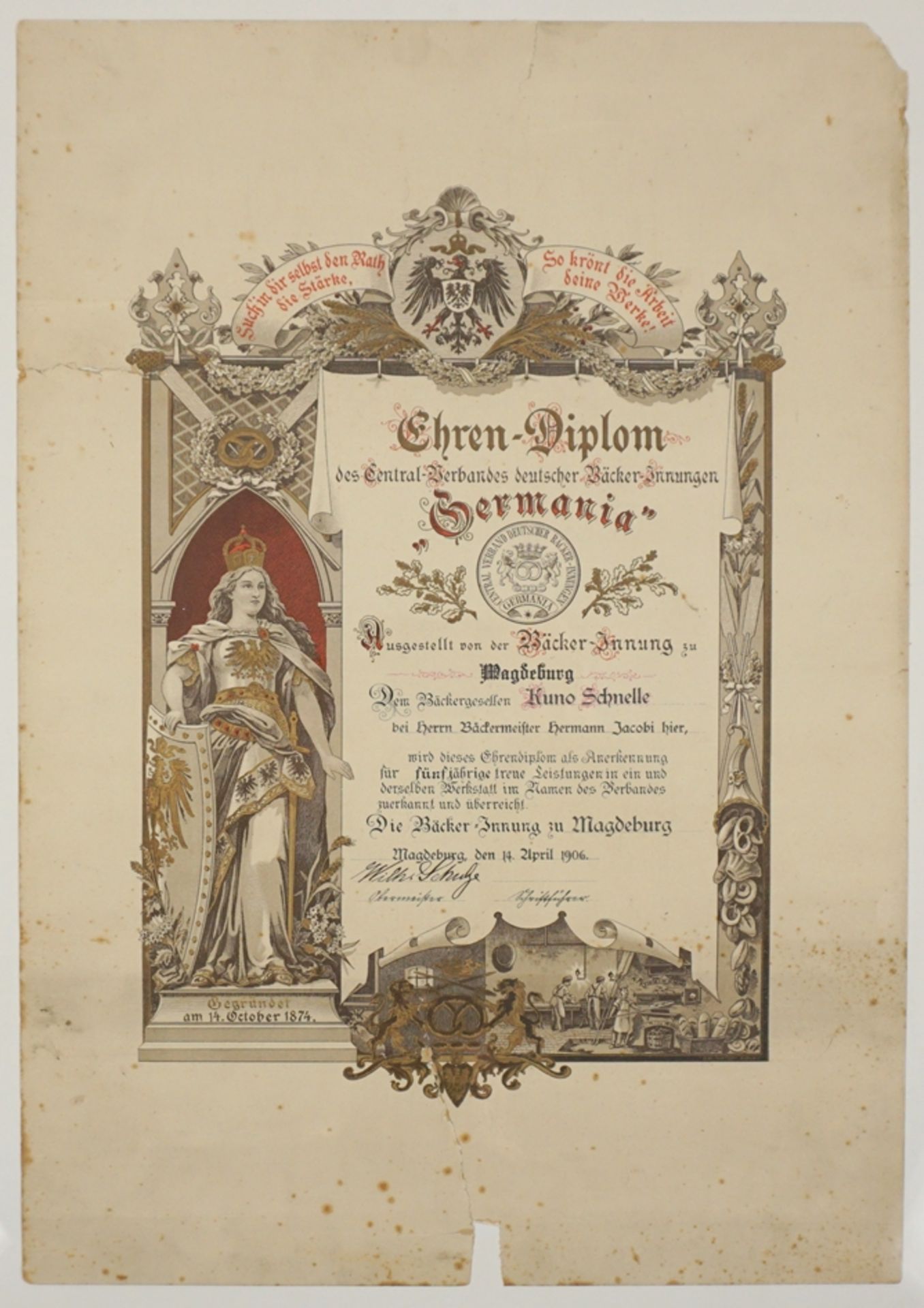 Ehrendiplom 1906 und Brief zum 25-jährigem Meisterjubiläum, 1934, Bäckerinnung zu Magdeburg - Image 2 of 2