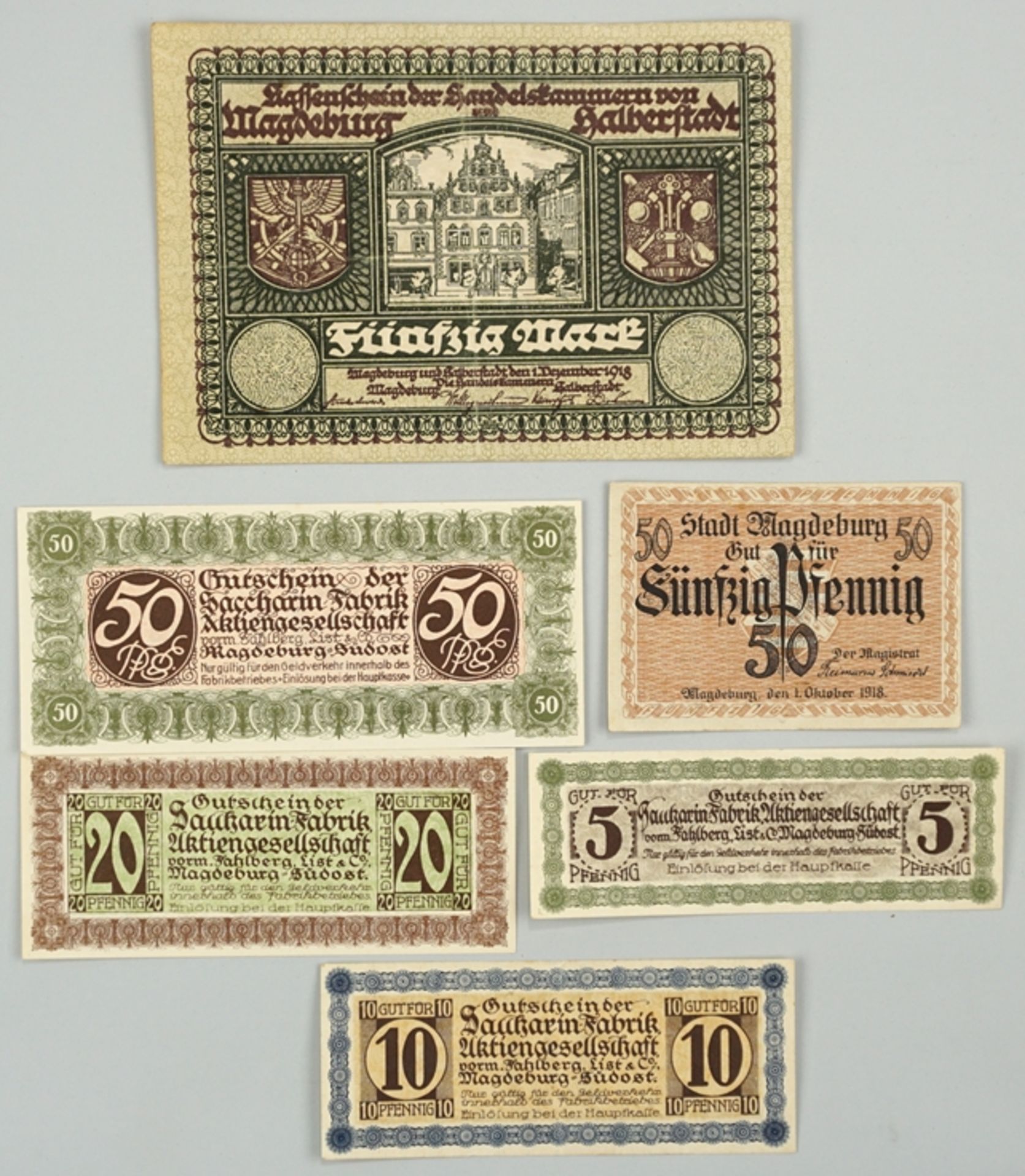 Konvolut Notgeld Magdeburg, u.a. 50 Mark 1918, Kassenschein der IHK Magdeburg-Halberstadt 