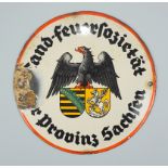 rundes Emailleschild "Land-Feuersozietät Provinz Sachsen", Email C. Robert Dold, Offenburg i.B., um