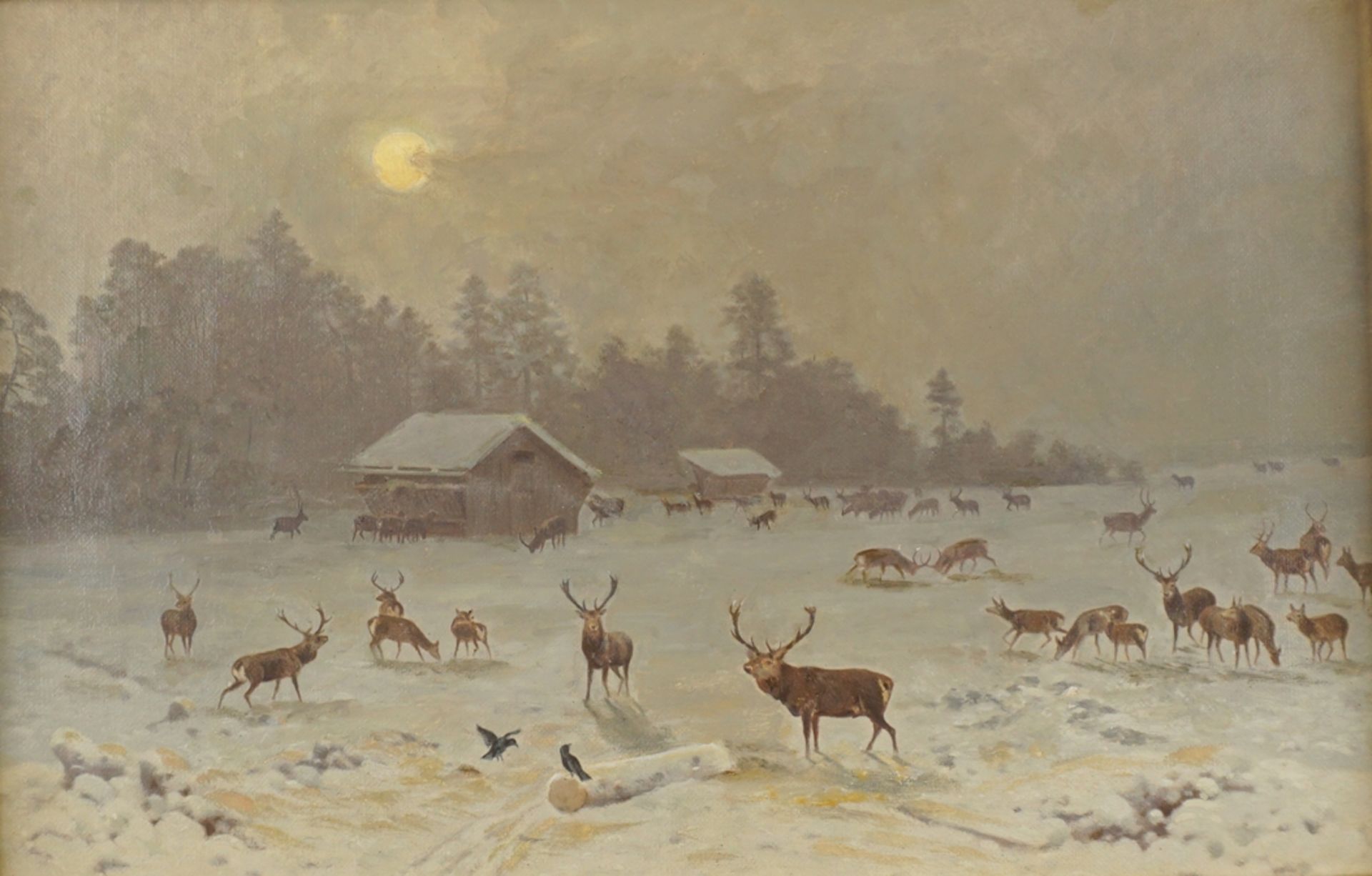 Ludwig Skell (*1869 München - 1950 Bad Tölz) "Rotwild in nächtlicher Winterlandschaft"