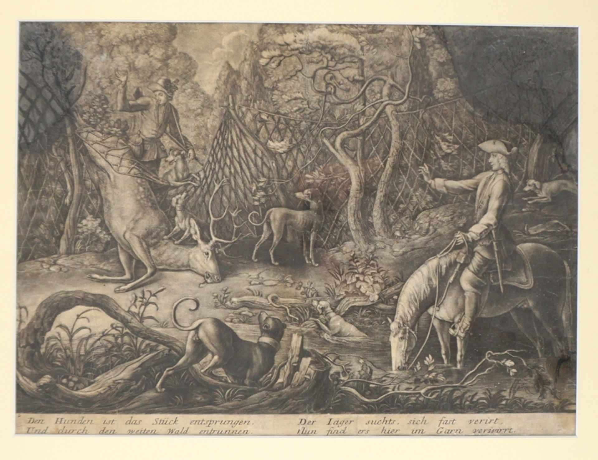 Wohl Johann Ridinger (1698 Ulm - 1767 Augsburg), Kupferstich, "Den Hunden ist das Stück entsprungen