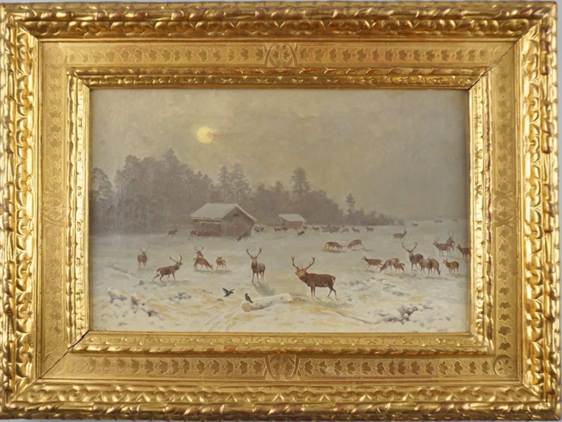 Ludwig Skell (*1869 München - 1950 Bad Tölz) "Rotwild in nächtlicher Winterlandschaft" - Bild 2 aus 4