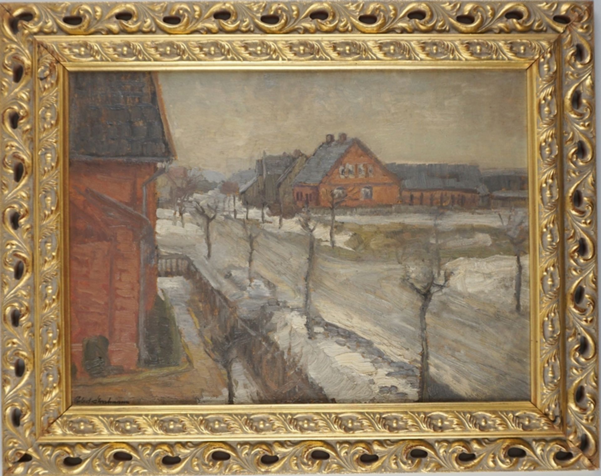 Robert Stratmann (*1877 in Hannover- 1950 in Munster/ Lüneburger Heide), Winterlicher Straßenzug - Bild 2 aus 4