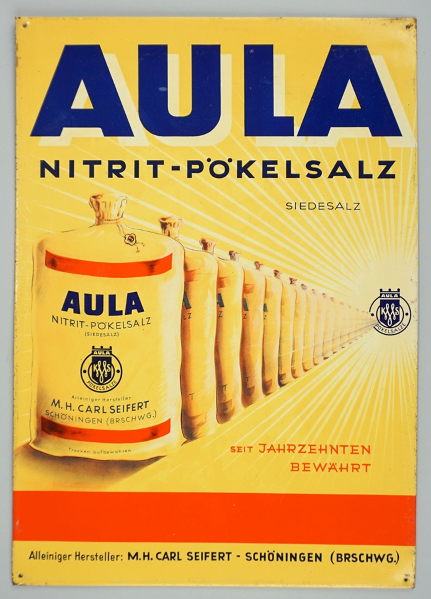 Blechschild "AULA Nitirit-Pökelsalz", M.H.Carl Seifert-Schöningen (Braunschweig), 1950er Jahre