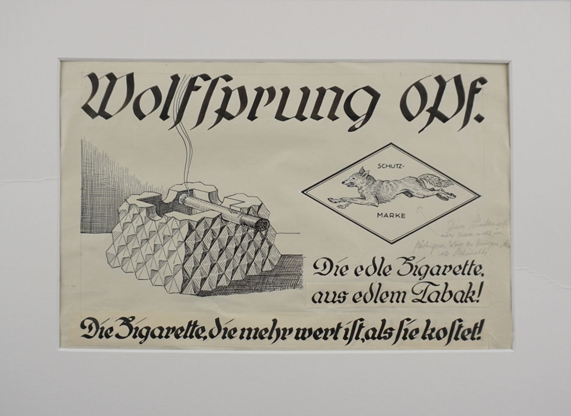Josef Scharl (*1896 in München- 1954 in New York) Werbeentwurf für Wolfsprung-Zigaretten, Anf. 20.