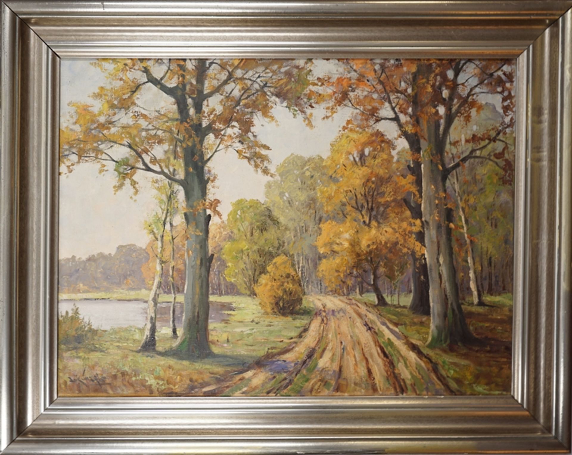 Erich Künzel, "Herbstlicher Waldweg mit Teich", 20. Jh., Öl/Lwd.