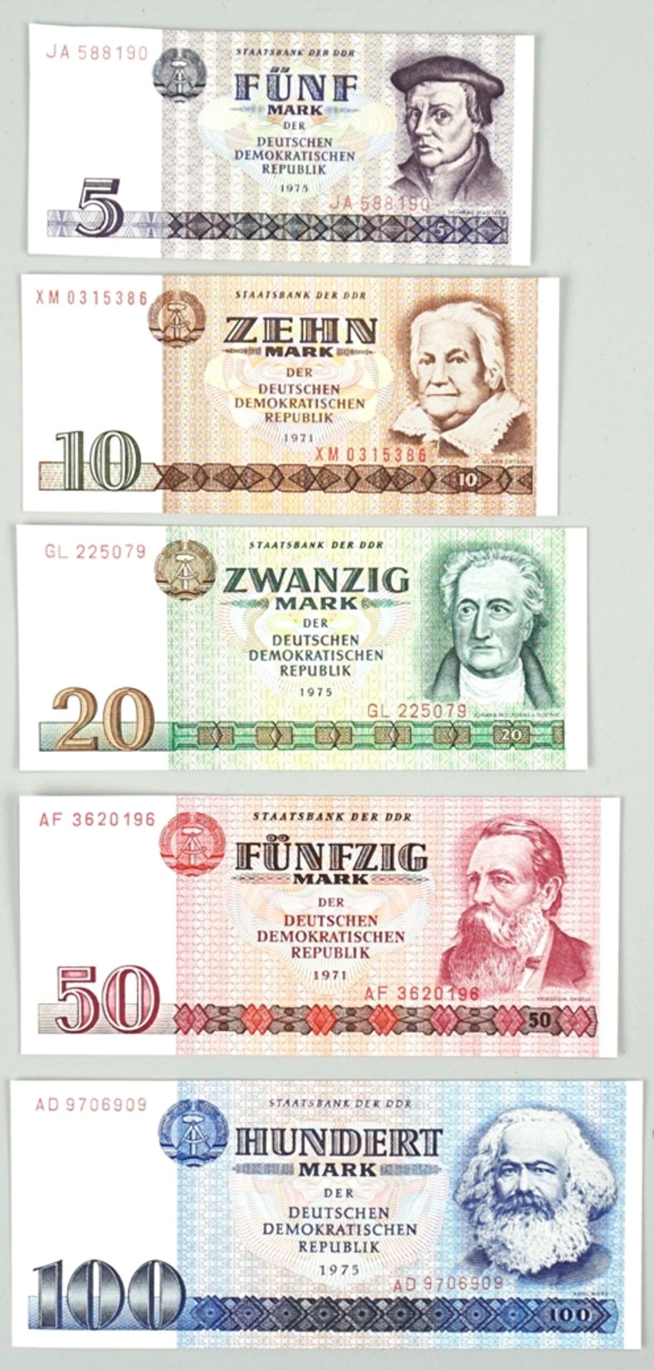 Geldscheinserie DDR, letzte Ausgabe 5-100 Mark 1971 und 1975
