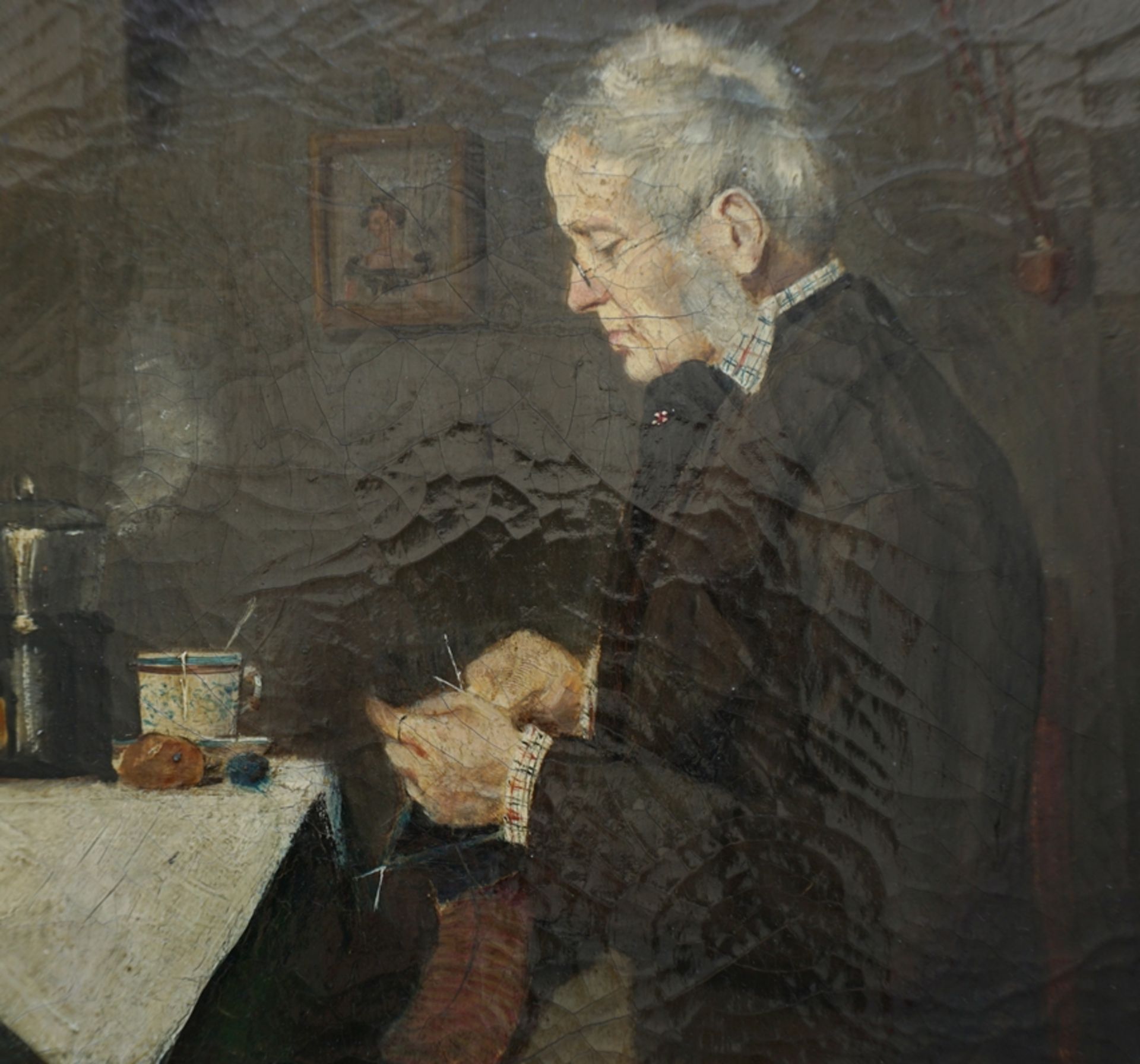 Wilhelm Lansen, "Alter Mann beim Stricken", 1880, Öl/Lwd. - Bild 2 aus 5