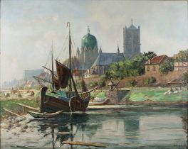 Jakob Weitz (deutsch, 1888 - 1971). Landschaftssujet, Kirche am Fluss. Öl auf Leinwand. Haptischer