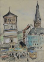 Helmut Weitz (deutsch, 1918 - 1966), Schlossturm Düsseldorf, Mischtechnik auf Papier, unten rechts