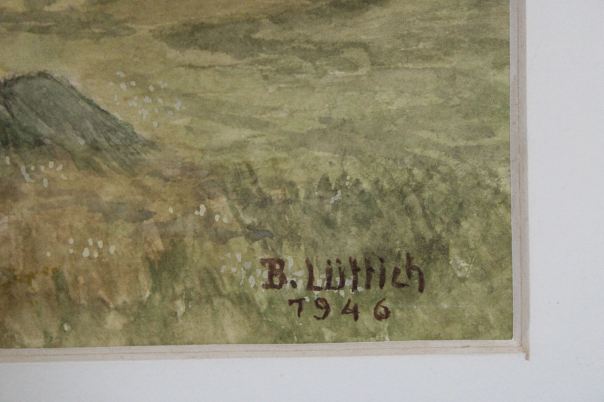 Landschaftsmalerei, Aquarell. Unten r. signiert: B. Lüttich 1946, Künstler unbekannt. Altersbedingt - Image 3 of 3