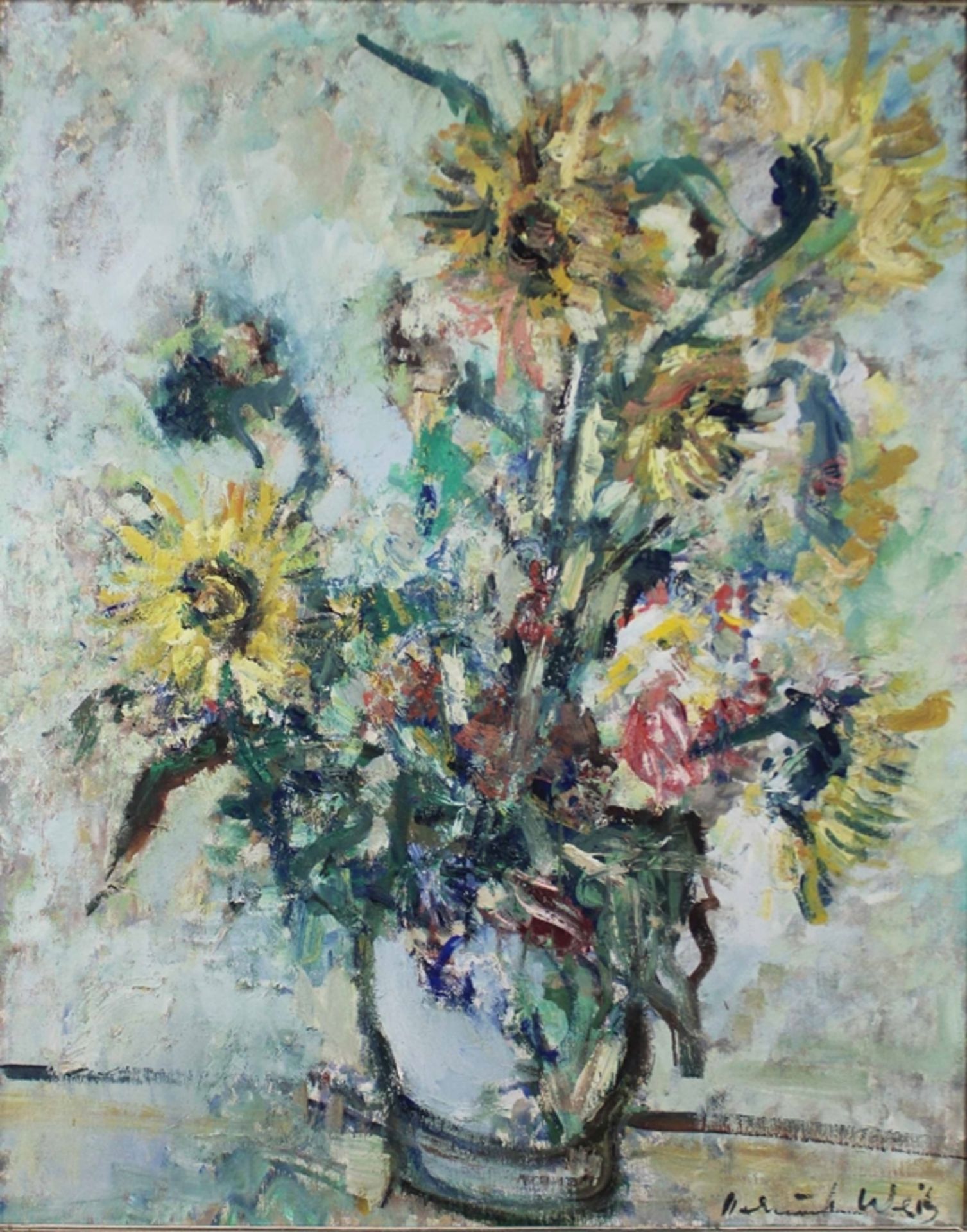 Helmut Weitz (deutsch, 1918 - 1966). Blumenstillleben. Öl auf Leinwand. Intensiv gelbe Sonnenblumen