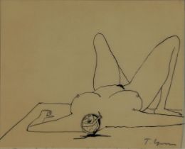 Tomi Ungerer (französisch, 1931 - 2019), Kanting art from womans body, Federzeichnung auf Transpare
