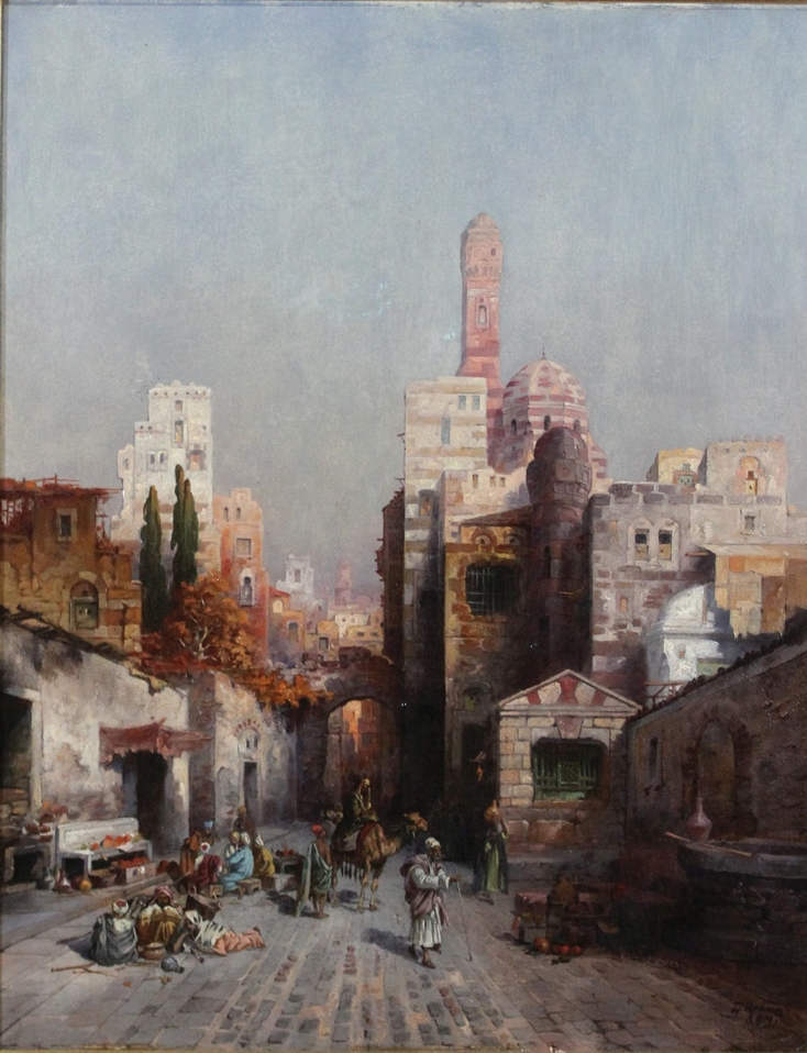 L. Urban (deutsch/österreichisch). Orientalische Straßenszene. 1894. Öl auf Holz. Signiert und dati