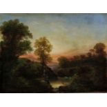 Unbekannter Künstler, Sonnenuntergang in italienische Landschaft, 19. Jh., Öl auf Holz, unten recht