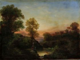 Unbekannter Künstler, Sonnenuntergang in italienische Landschaft, 19. Jh., Öl auf Holz, unten recht