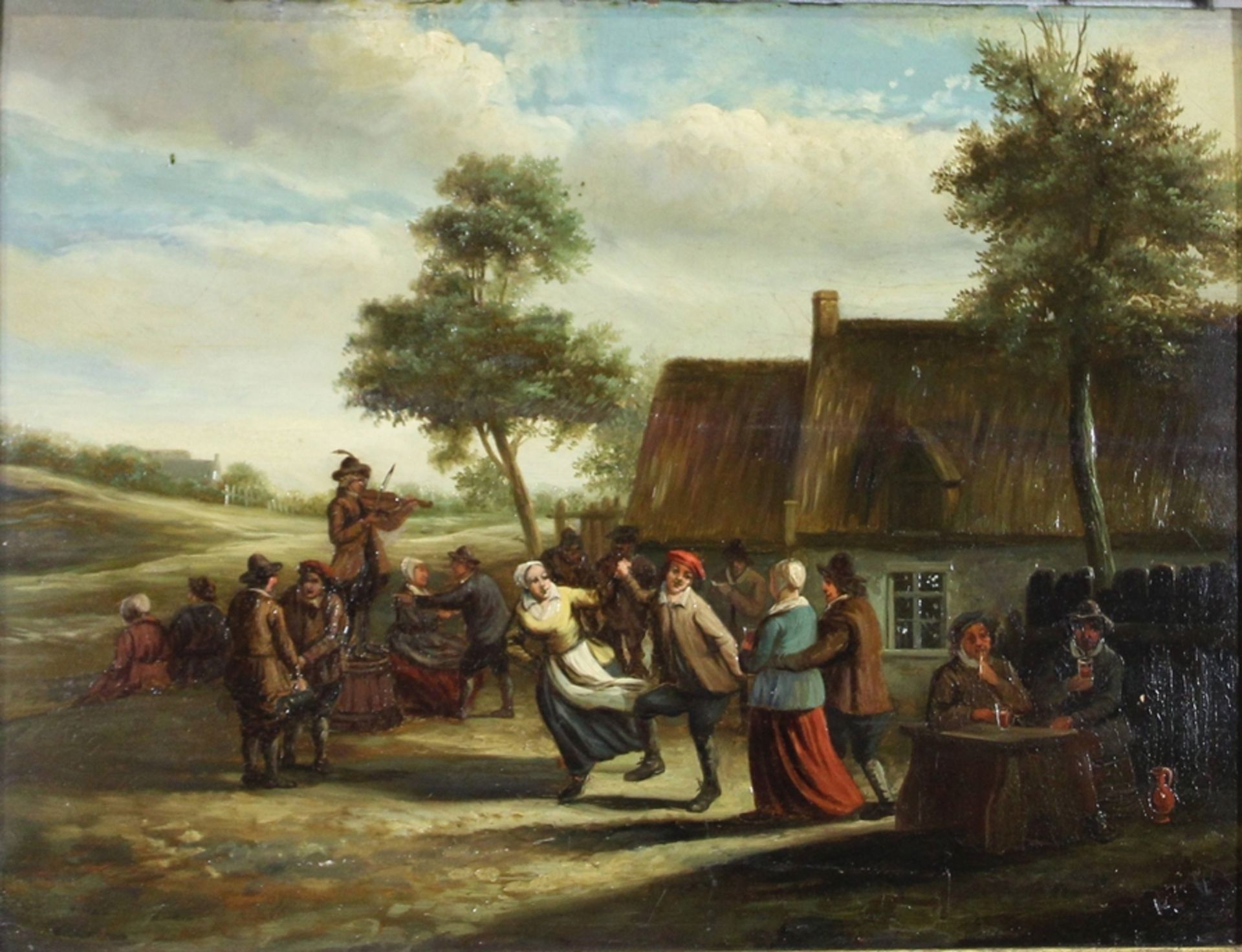 David Teniers (flämisch) (zugeschrieben), Das Tanzvergnügen, Öl auf Holz, verso bezeichnet, Darstel