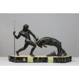 Kovas, Art-Deco-Figurengruppe, Antilopenjäger, Anfang 20. Jh., Bronze auf Marmorsockel, signiert, H