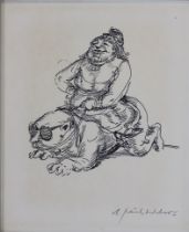 Andreas Paul Weber (deutsch, 1893 - 1980). Lithografie. Karikatur zweier Personen. Eine füllige Dam