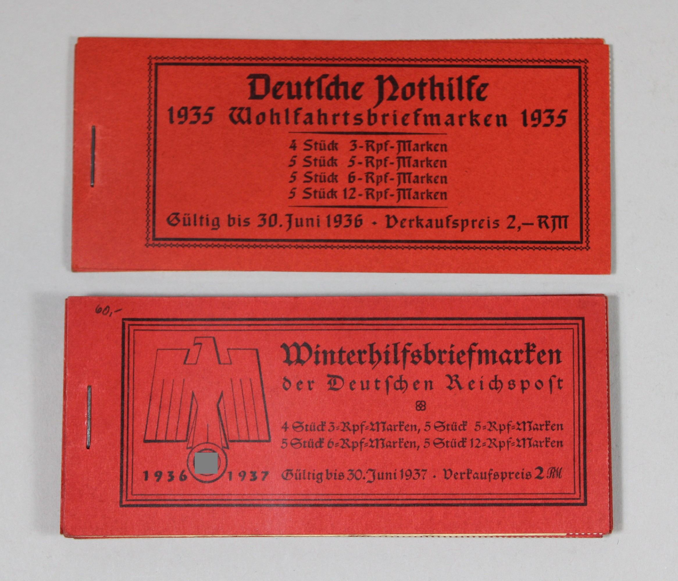 Konvolut Markenheftchen 9 Tl., bestehend aus: 2 Deutsche Nothilfe Wohlfahrtsbriefmarken 1935, volls