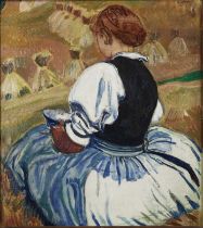 Carl Ederer (österreichisch, 1875 - 1951), Frau auf dem Feld, Öl auf Leinwand, oben rechts signiert