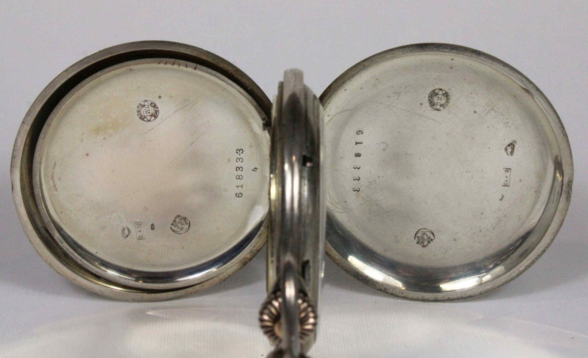 IWC Herrentaschenuhr, 1914, 800er Silber, Punze: Halbmond und Krone, mit silberner Uhrenkette, Mode - Image 5 of 5