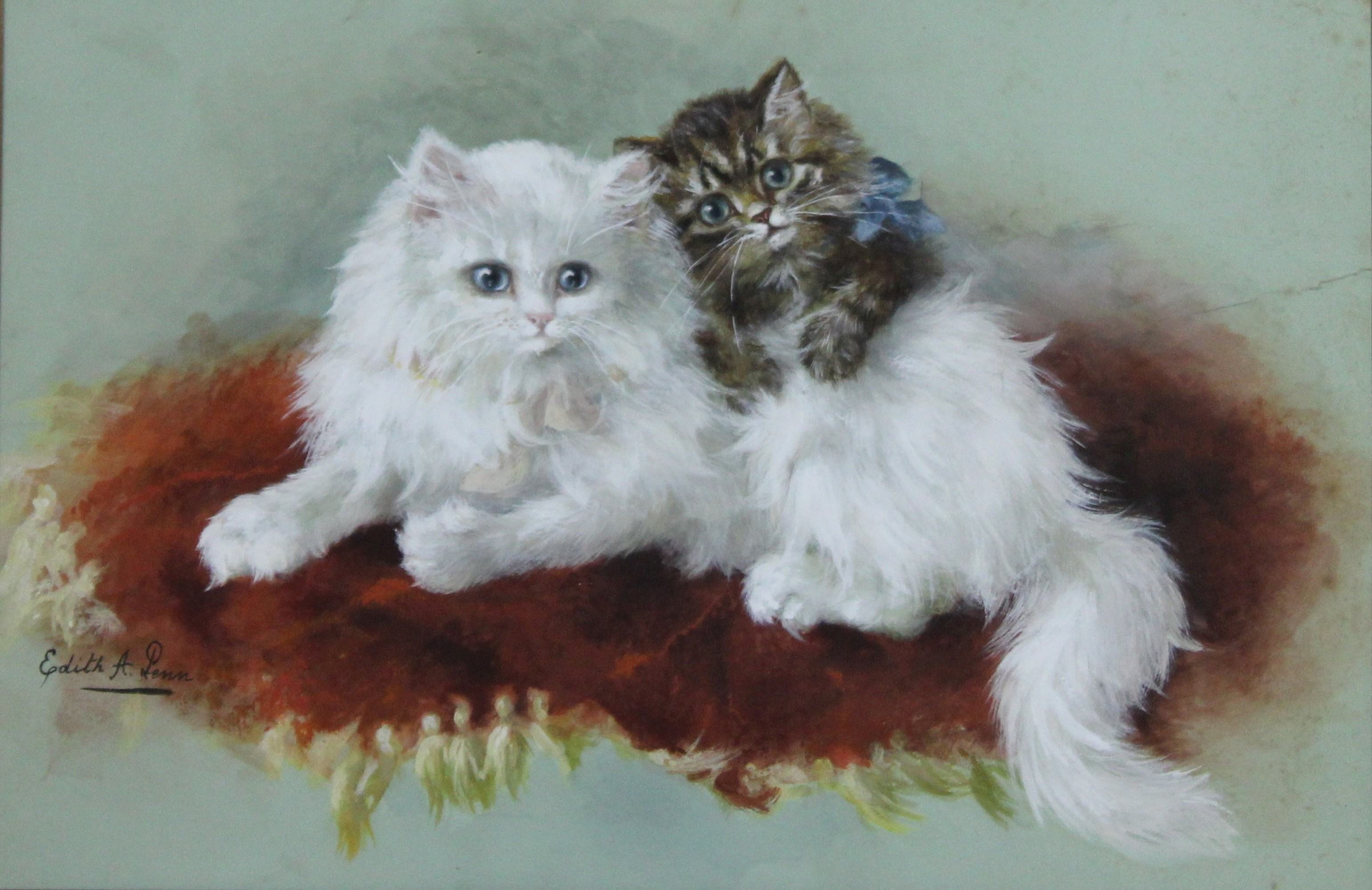 Edith A. Penn (Englische Schule), Zwei Katzen, 20. Jh., Mischtechnik auf Papier, unten links signie