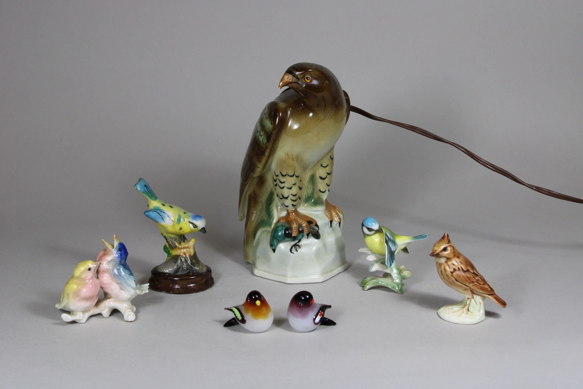 Sieben Vögel, Porzellan und Glas, diverse Marken, paar Glasfiguren, Murano, 3,5 cm. Paarvögel, Karl