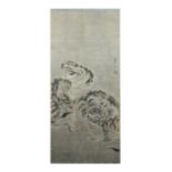 Tuschmalerei, Tiger, Japan, Anfang 19. Jh., rechts japanische Schriftzeichen und zwei Siegel, Lich