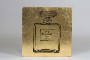 Jürgen Kuhl (deutsch, geb. 1941), Chanel, no. 5, 2019, Blattgold und Siebdruck auf Holz, unten rech