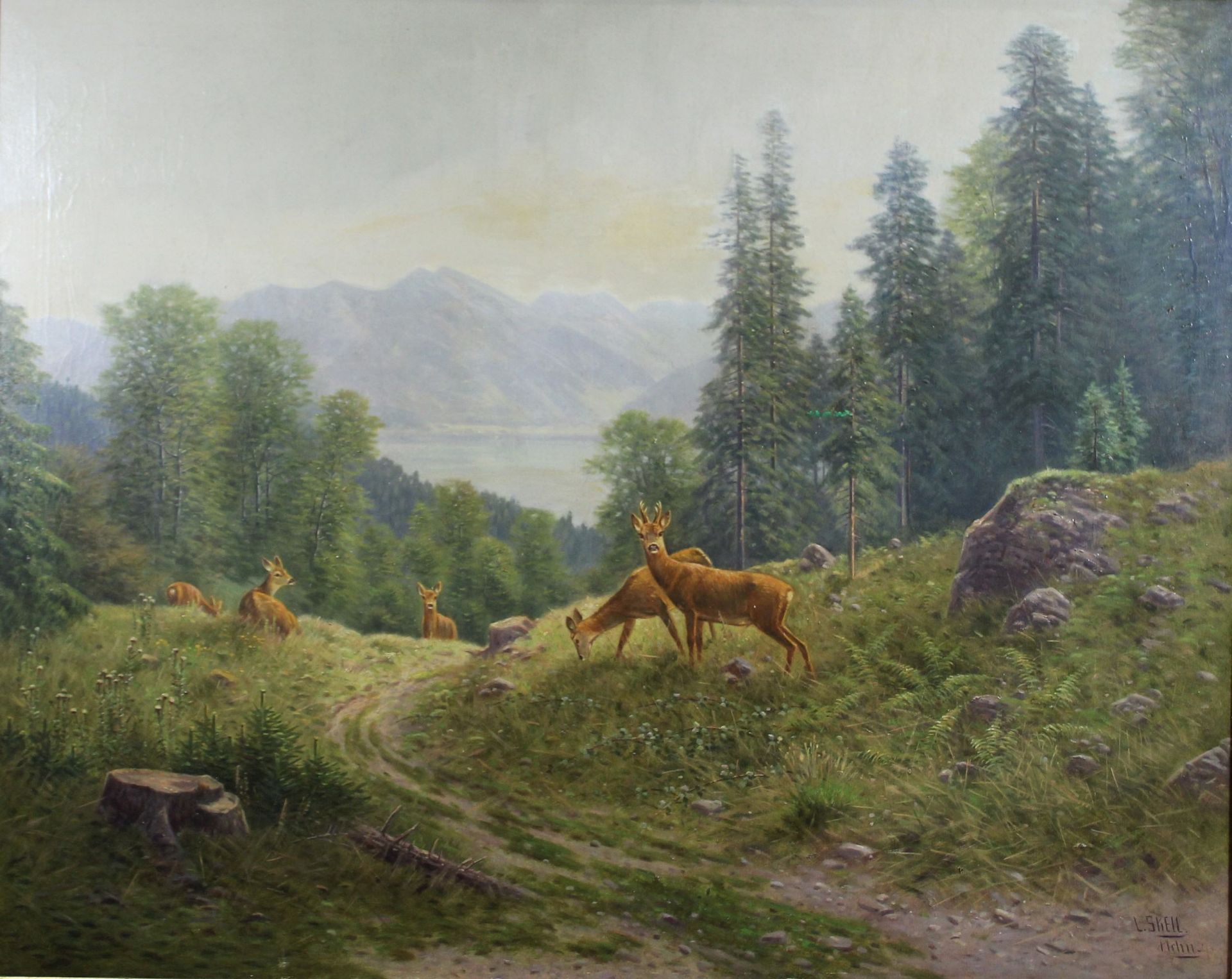 Ludwig Skell (deutsch, 1869 - 1950), Rehe im Wald, Öl auf Leinwand, unten rechts signiert, Lichtmaß