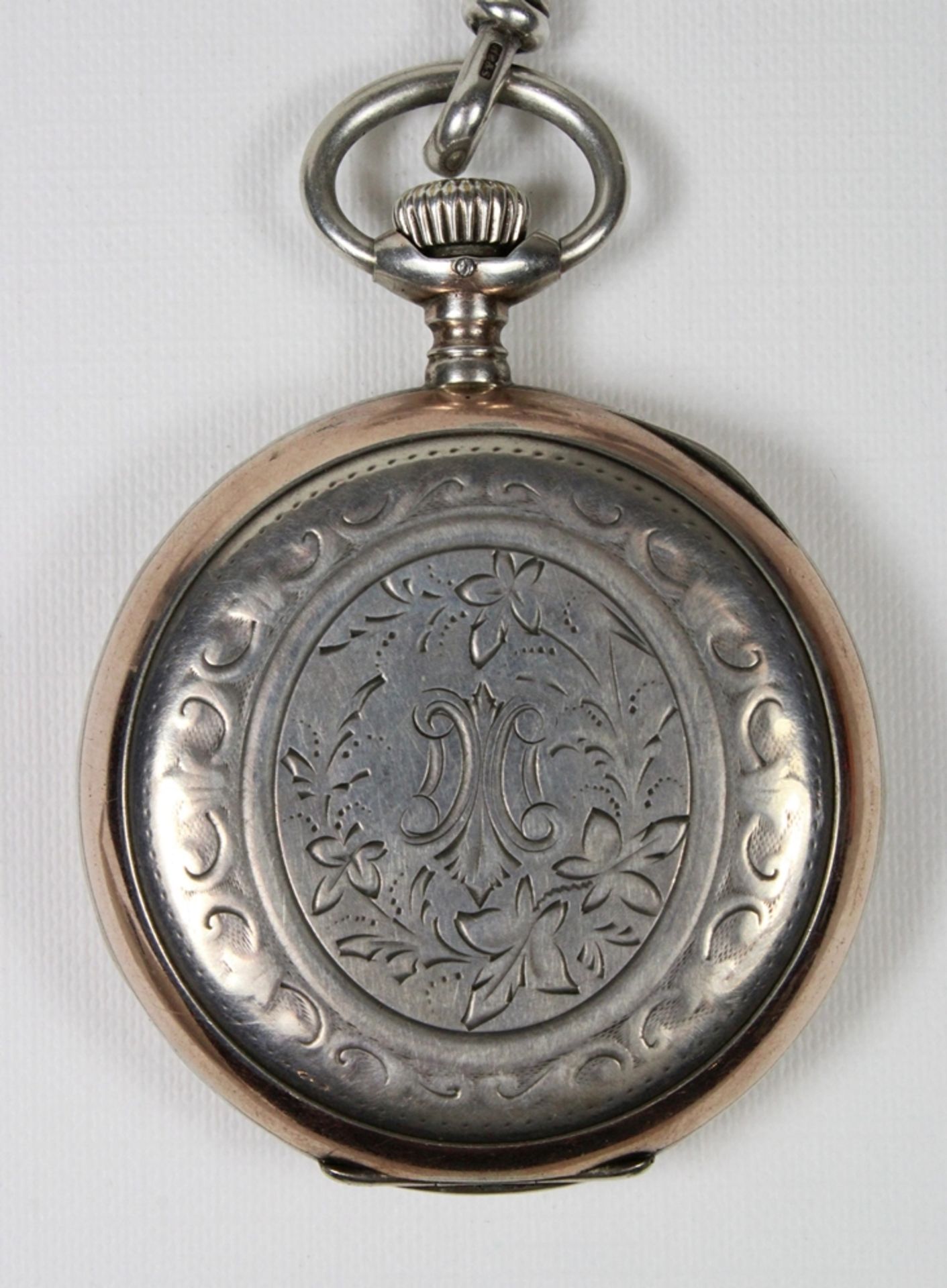 Gurzelen Herrentaschenuhr, 19. / 20. Jh., 800er Silber, Punze: Halbmond und Krone, mit der original - Bild 3 aus 6
