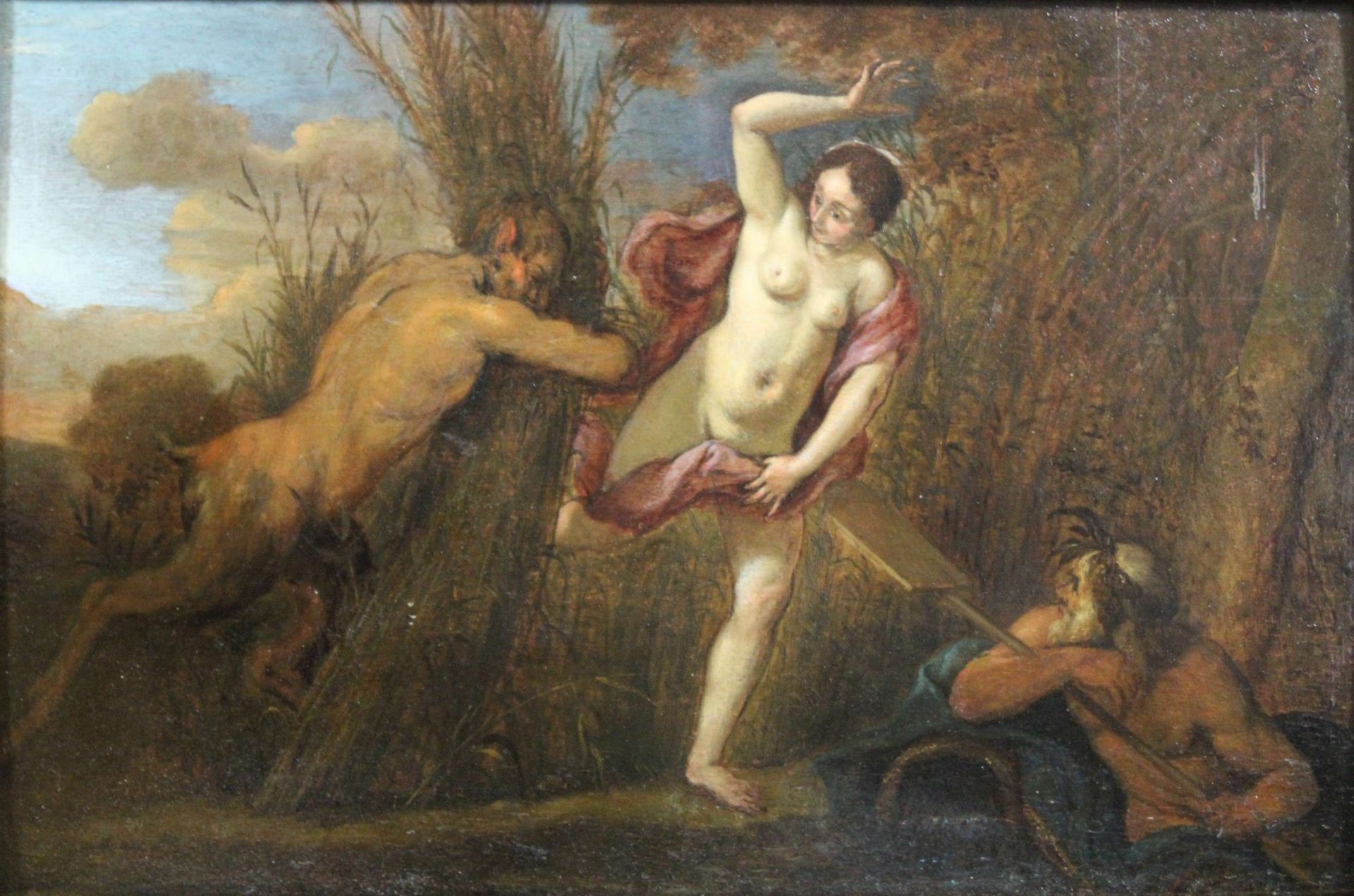 Unbekannter Künstler, Pan und Syrinx, 17. Jh., Öl auf Holz, unsigniert, Lichtmaß: 31 x 46 cm, Rahme