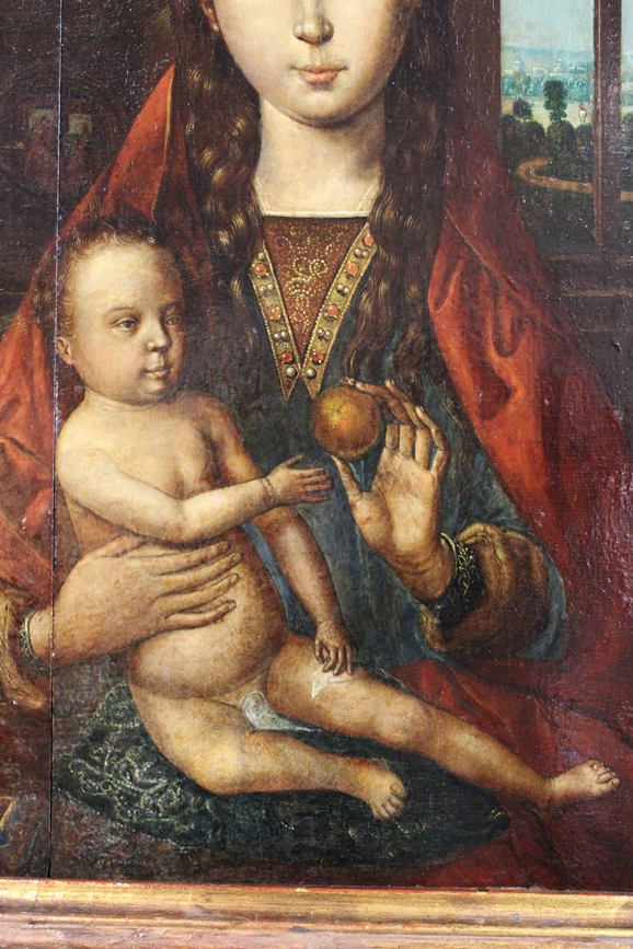Antike Kopie nach Hans Memling (deutsch, 1430 - 1494), Madonna mit Kind, Öl auf Holz, unsigniert, L - Image 4 of 4